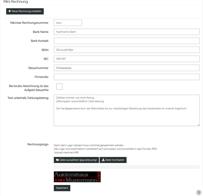 online Rechnung für Auktionator / Verwerter, Beispiel