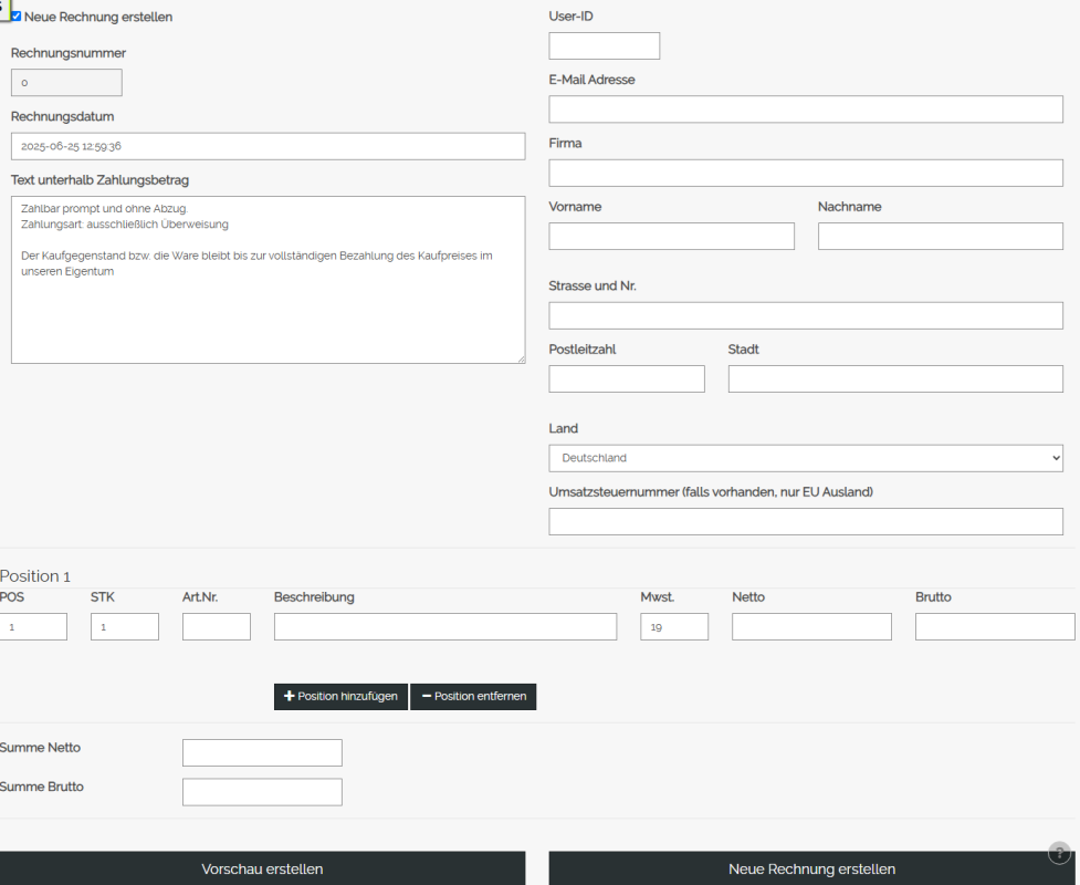 Freie Rechnung online erstellen für Auktionator / Verwerter