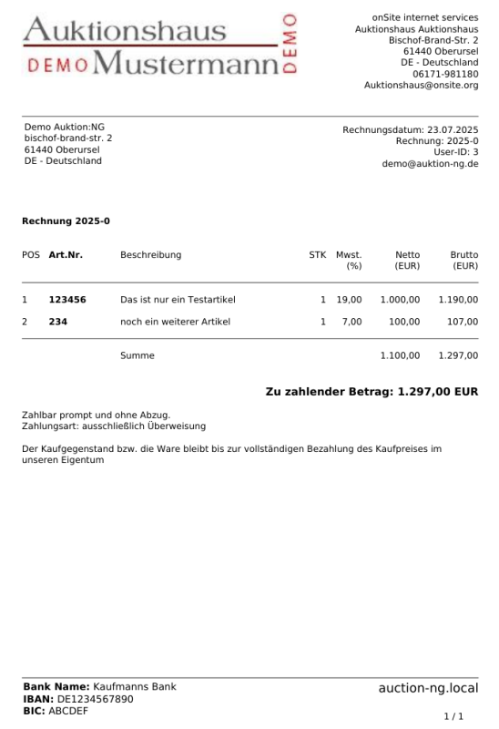 Beispiel Rechnungen für versteigerte Artikel